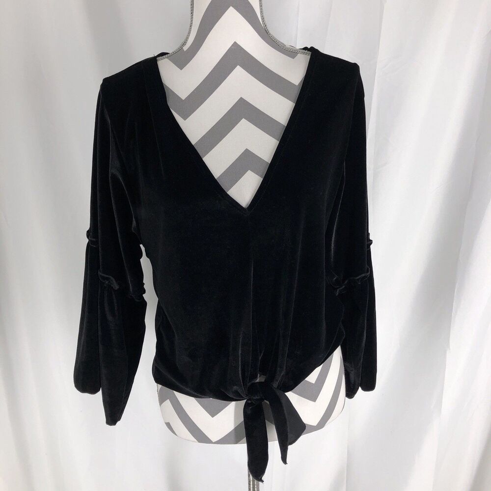 Lavender Field Women’s Size Small Bell Sleeve Top V-Neck With Tie Black Velvet